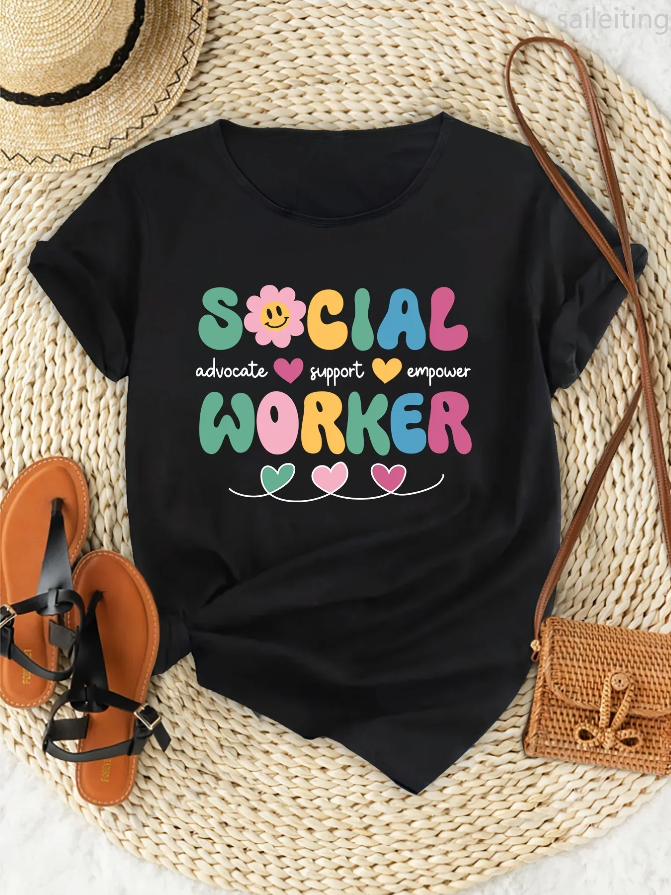 تي شيرت نسائي مطبوع عليه عامل اجتماعي مريح بأكمام قصيرة يسمح بمرور الهواء للصيف كاجوال بأكمام قصيرة ملابس هاراجوكو الشارع الشهير