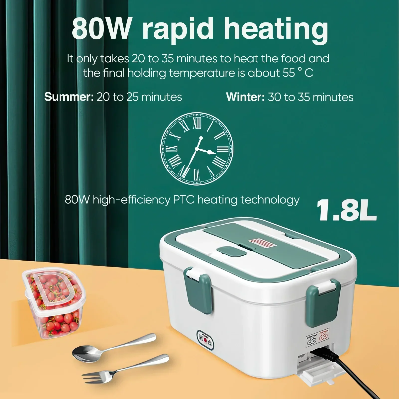 Electric Lunch Box Food Warmer 1.8 L 80W Outdoor Camping Bento Picnic Portable Food Heater Car/Home Self Heating Box