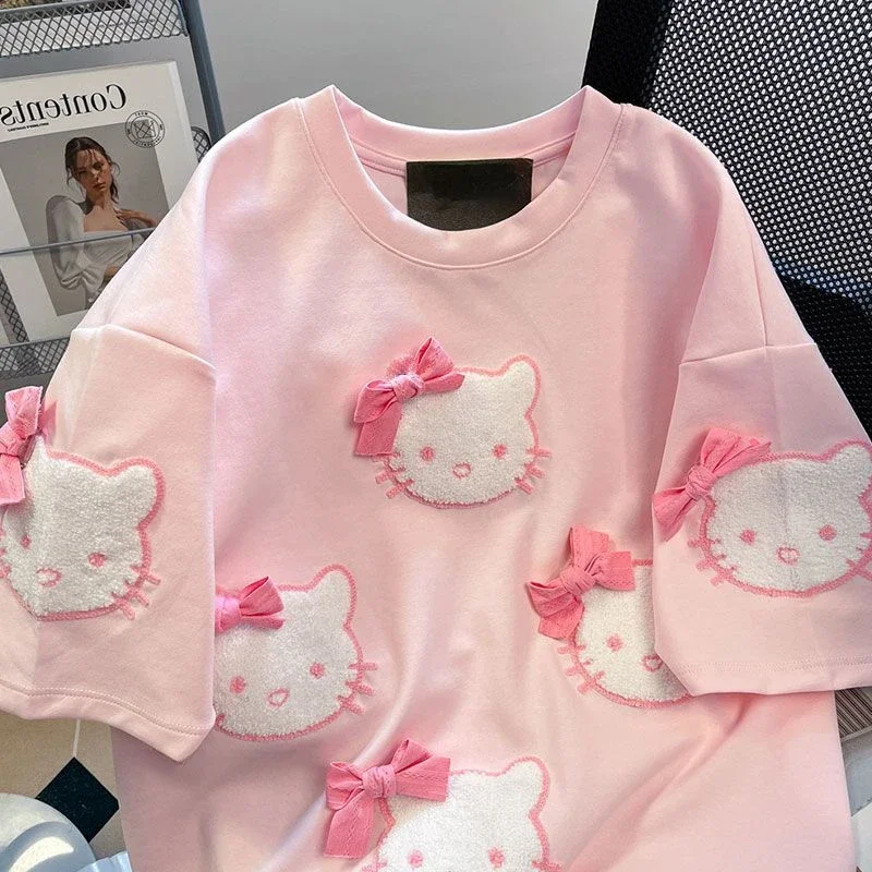 Kawaii Flocked Pink HelloKitty Short Sleeve T-shirts for Women Sanrio Summer Sweet Girl Loose Design Top Ins Style Clothing gift