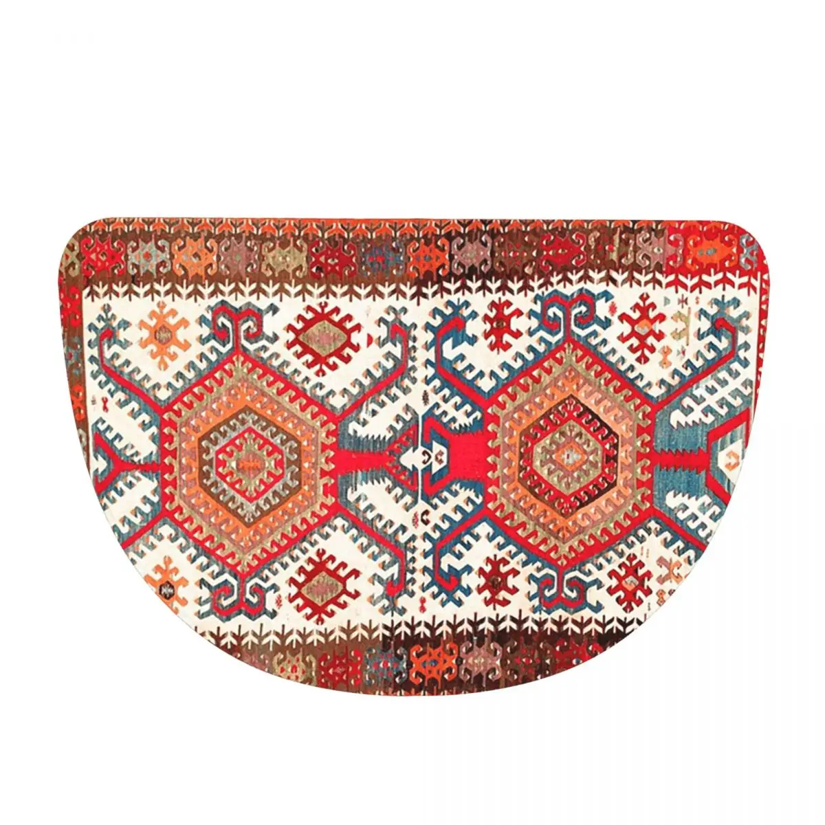 Hotamis Antique Turkish Konya Kilim Print Flannel Half Round Doormat Non Slip Bathroom Mat Absorbent Floor Carpet for Bathroom