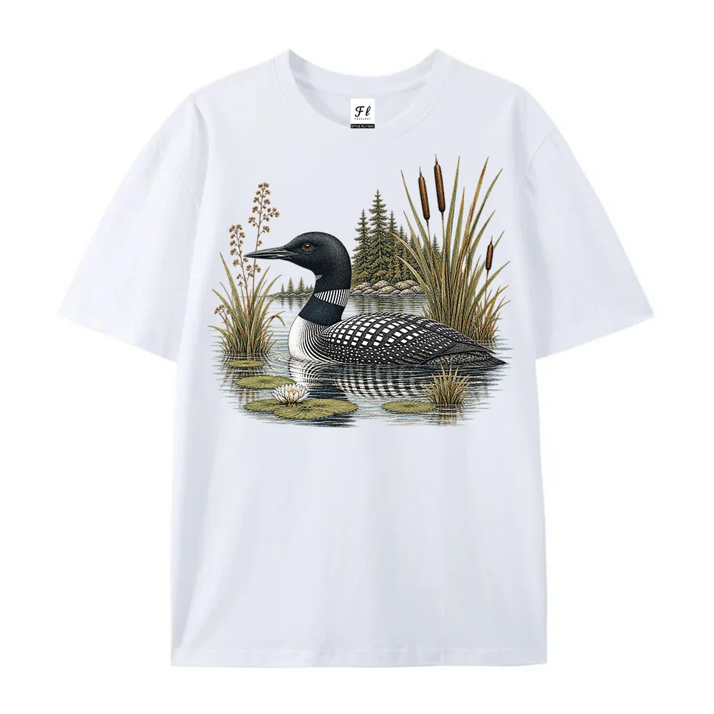 Women T Shirt Vintage Common Loon Bird Graphic Tee Casual Short Sleeve Lake Wildlife Nature Inspired Print Fashion Ladies Tops
