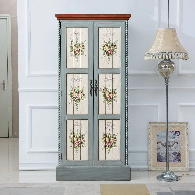 American retro bedroom household small apartment wardrobe, solid wood simple door wardrobe, single door locker with mirror