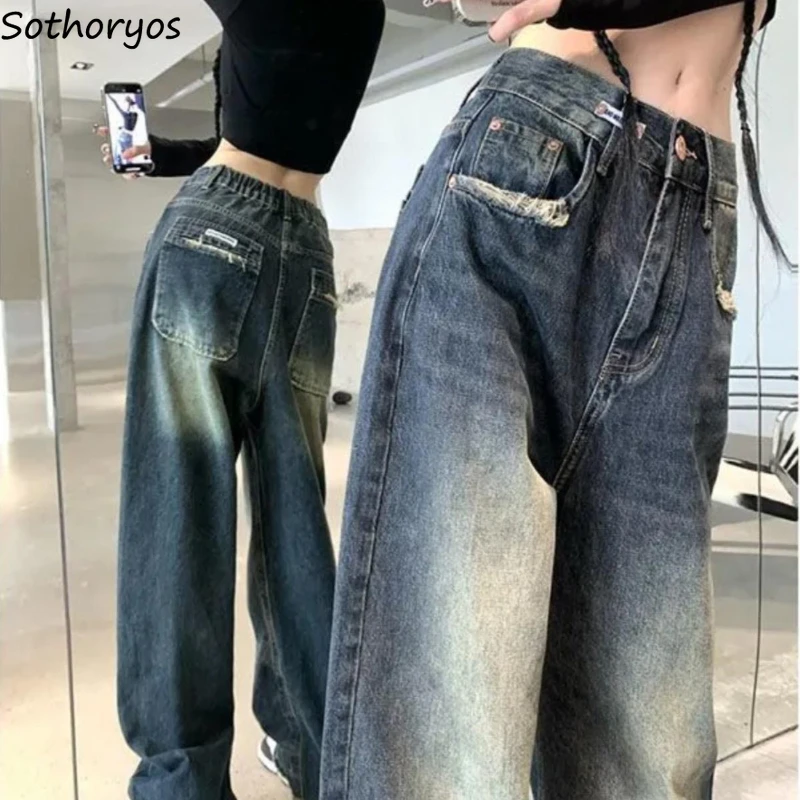 

Jeans Women Loose Personality Stretchy American Style Washed Fashion High Street Classic All-match Wide Leg Pantalones De Mujer