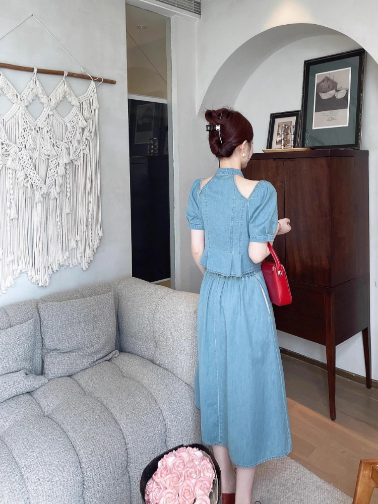 Light mature style denim two-piece set women's summer new hollow out design sense short sleeved top+high waisted half skirt