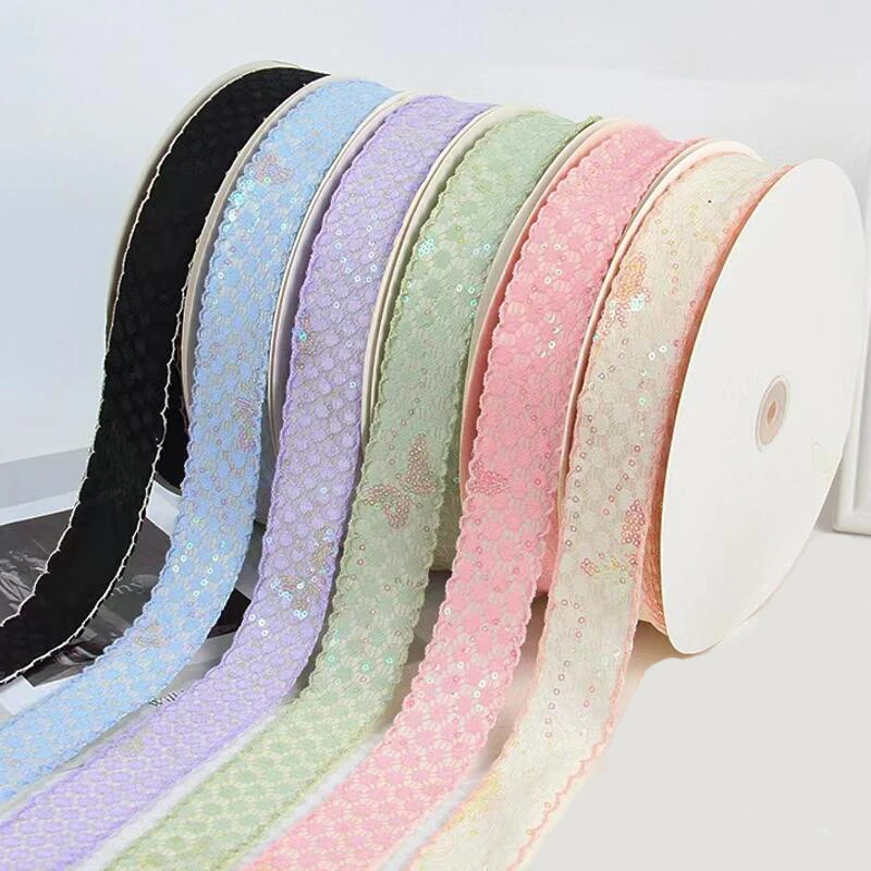 

10 Yards Sequin Pink Blue Embroidery Lace Ribbon Fashion For Hair Bows 25MM 38MM DIY Crafts Handmade Accessories