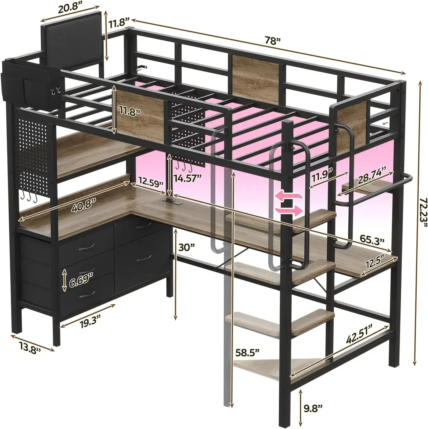 Loft Bed Twin Size, Loft with Desk and 5 Storage Drawers, Bunk  with desk Underneath, Twin loft with L Shaped Desk, L