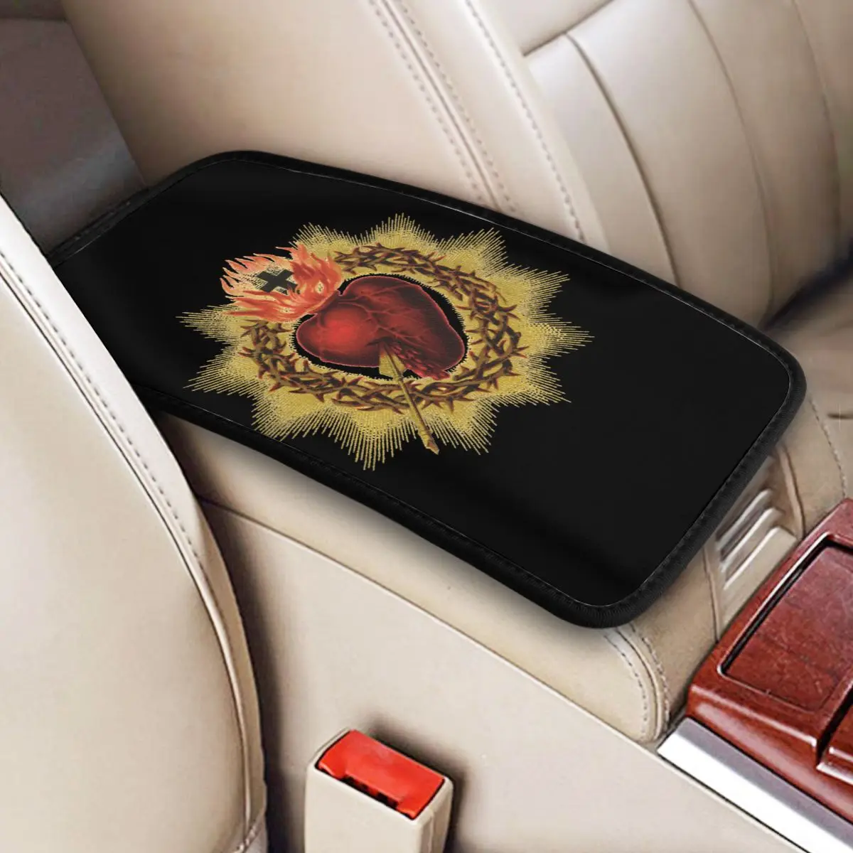 Sacred Heart Of Jesus Car Armrest Box Pad Anti-Slip Catholic Christian Faith Car Interior Accessories Cushion Pad Storage Mat