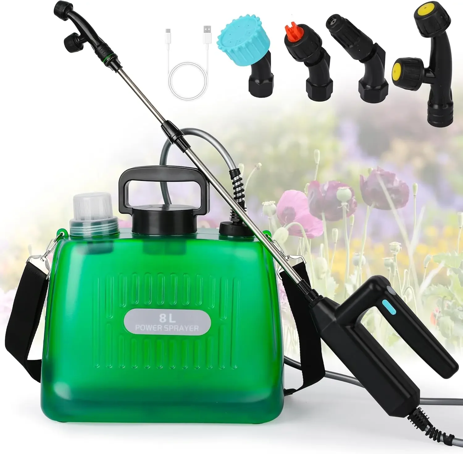 

Battery Powered Garden Sprayer 2 Gallon Electric Sprayer with 4 Mist Nozzles USB Rechargeable Handle 32in Telescopic Wand