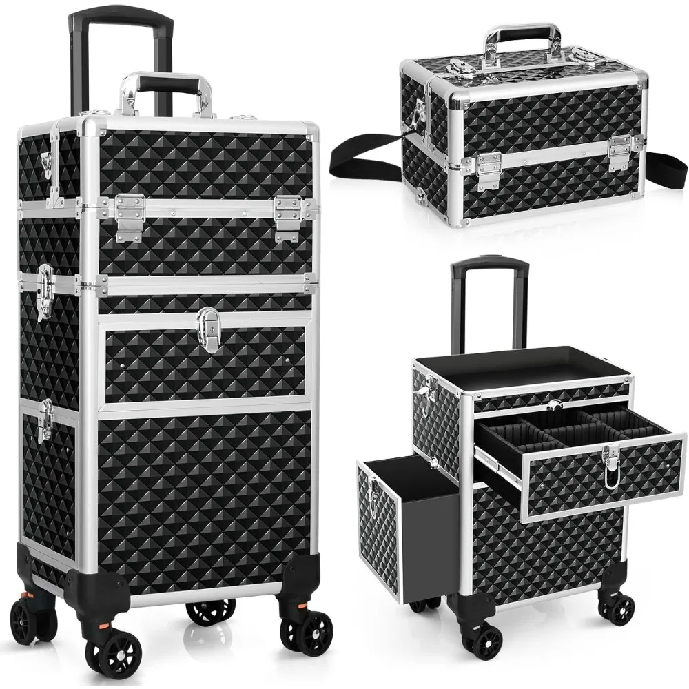 

Professional Rolling Makeup Train Case, Multi-functional Cosmetic Trolley with Wheels Keys, Large Storage Traveling Cart Trunk