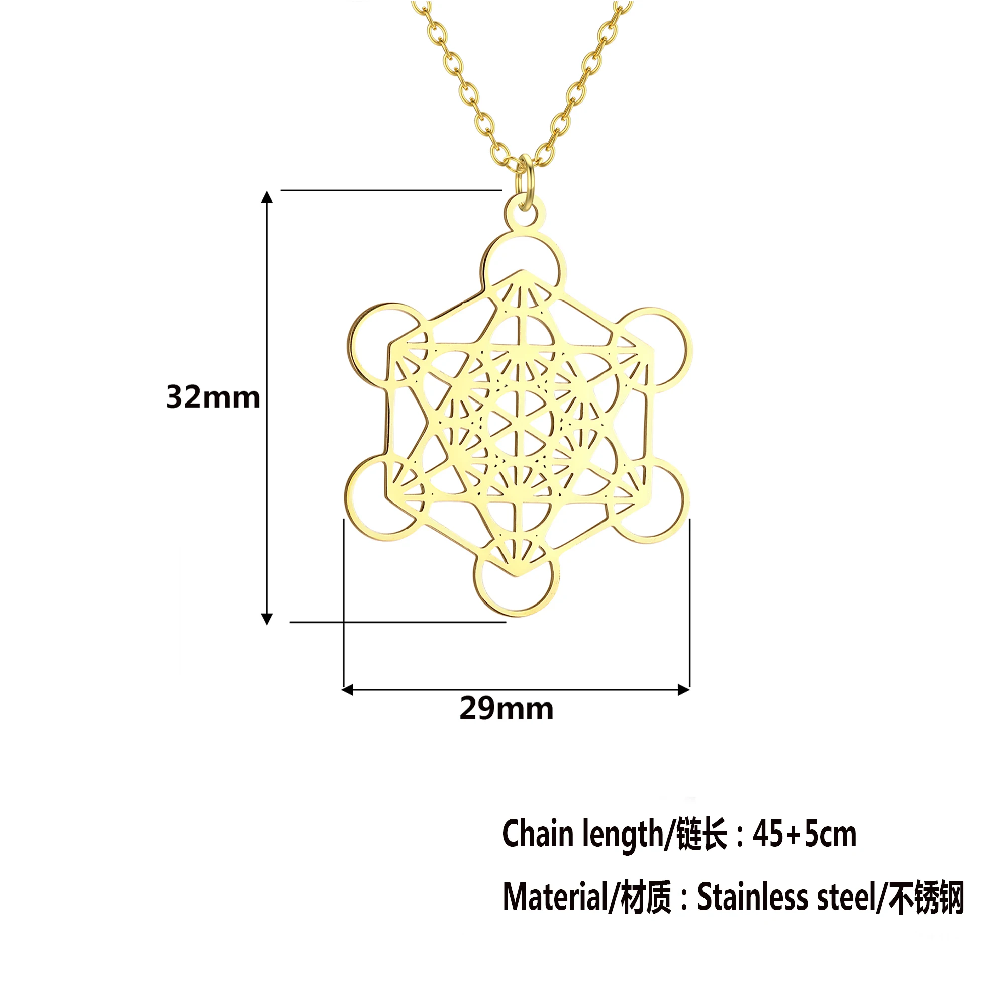 Kinitial Stainless Steel Sacred Geometry Metatron Pendant Necklace Women Men Meditation Religiosus Jewelry Cube Necklace