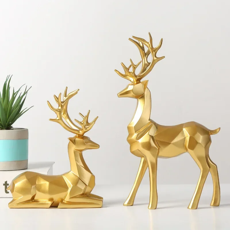 

Resin Geometric Elk Sculpture Standing Gold Deer Statues Festival Reindeer Home Decor Living Room TV Cabinet Ornaments