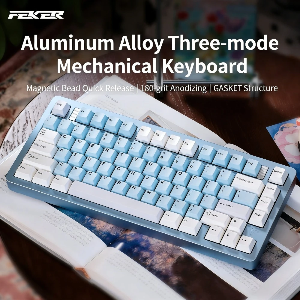 Teclado Mecânico FEKER C75 em Alumínio, Tri-modo, Estrutura Gasket, Hot-Swappable, Teclado Personalizado para Jogos E-sports