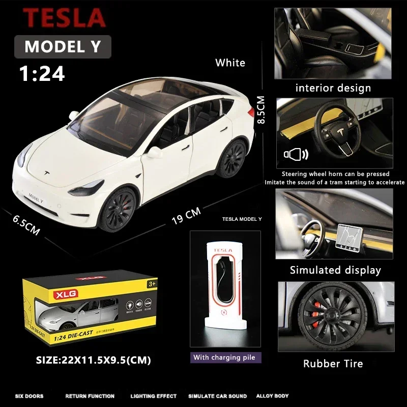 

1:24 Simulation Tesla ModelY Alloy Car Model New Energy Vehicle Sound And Light Pull Back Toy Car Boy Collection Decoration Gift