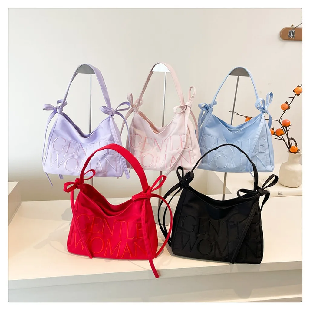 Nylon Tote Bag Embroidered Embroidered Shoulder Handbag Convertible Tote Trendy Lightweight Shoulder Bag For Daily Commute