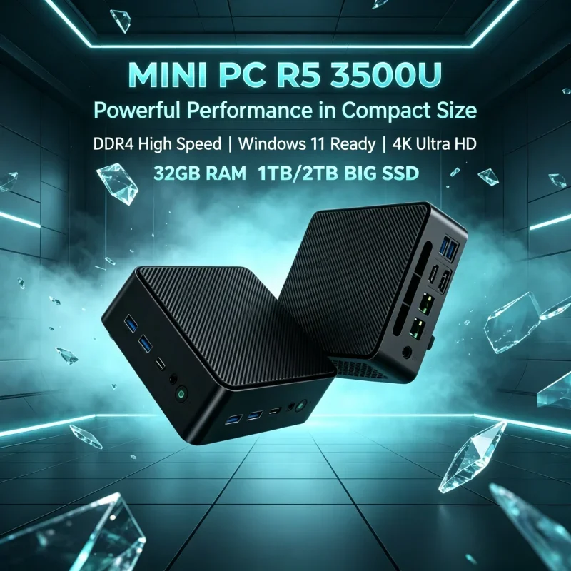 All-in-one LENO Tiny Mini Desktop Ryzen 5 3500U Massive 32GB DDR4 RAM 2TB M.2 SSD Win11 4K HDMI DP Household Working Mini Host