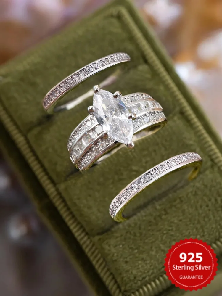 

925 Sterling Silver Luxurious Horse Eye Zircon Three-Piece Sets Ring For Women Engagement Anniversary High Quality Fine Jewelry