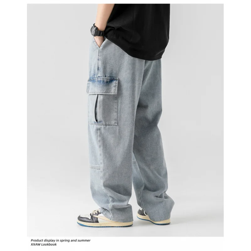 GIOIOM pantalones vaqueros casuales para hombre, pantalones vaqueros de pierna recta sueltos con cordón en la cintura con dos bolsillos tridimensionales de primavera y otoño, pantalones para hombre