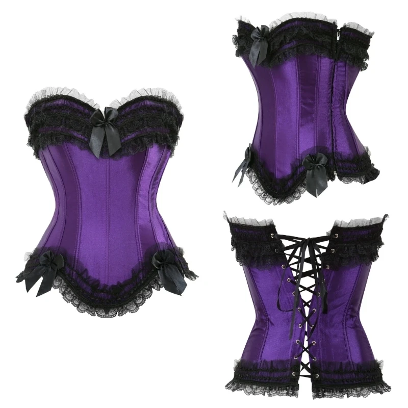 Y5GC Women Victorian Laced Up Strapless Overbust Corset Bustier Top Ruffle Lace Bows Lingerie Push up Body Shaper with Zipper