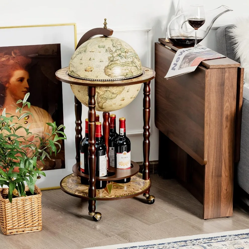 Globe Wood Wine Bar Stand, 16th Century Italian Replica Liquor Bottle Shelf w/Wheels, Wood Wine Cart Cabinet w/Bottom Shelf