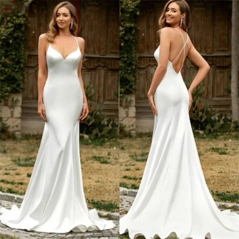 Simple A Line Satin Women's Wedding Dress Sexy Strap Sleeveless Sheath Beach Garden Birthday Long Bridal Gown Skirt Robes