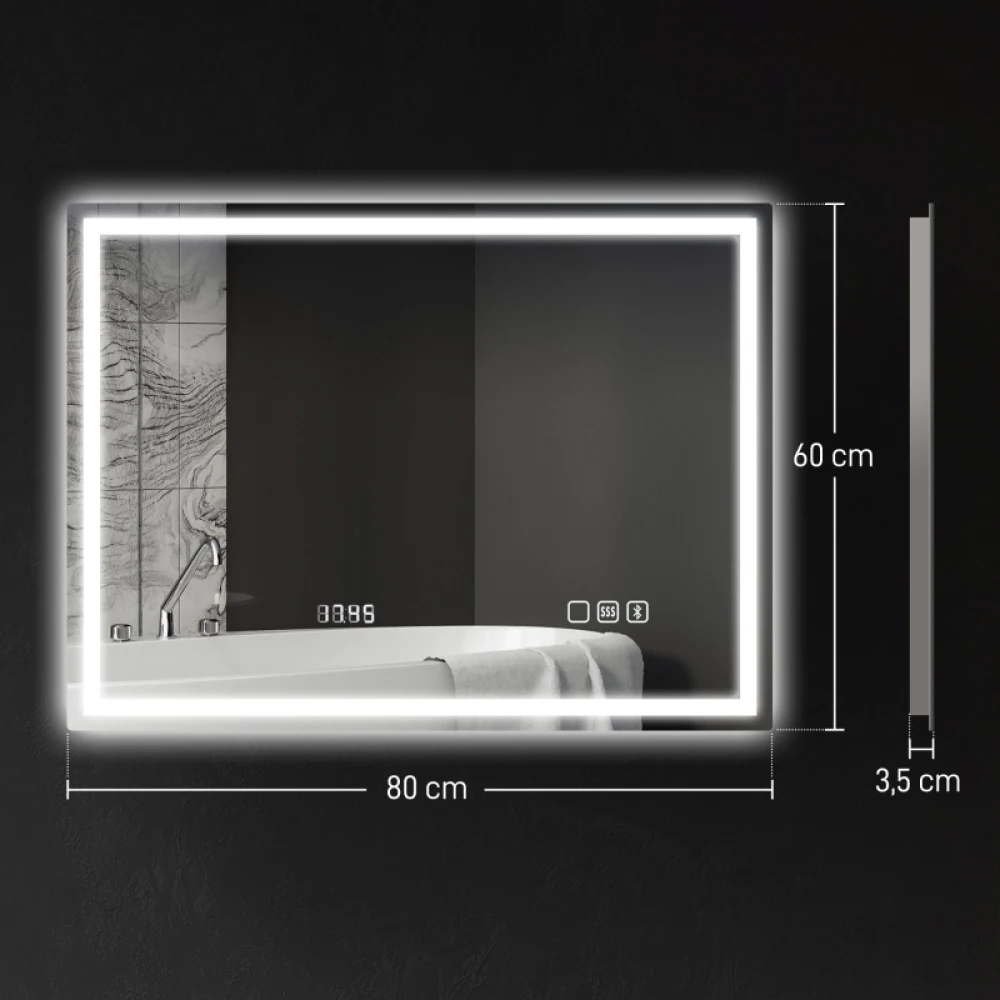 Fotografia 3: Espelho de Banheiro com Iluminação 80x60 cm, Espelho de Parede LED com Função Bluetooth para Música, Função de Memória, Relógio, 3 Cores de Luz, Espelho Antiembaçante com Interruptor Touch, Prata