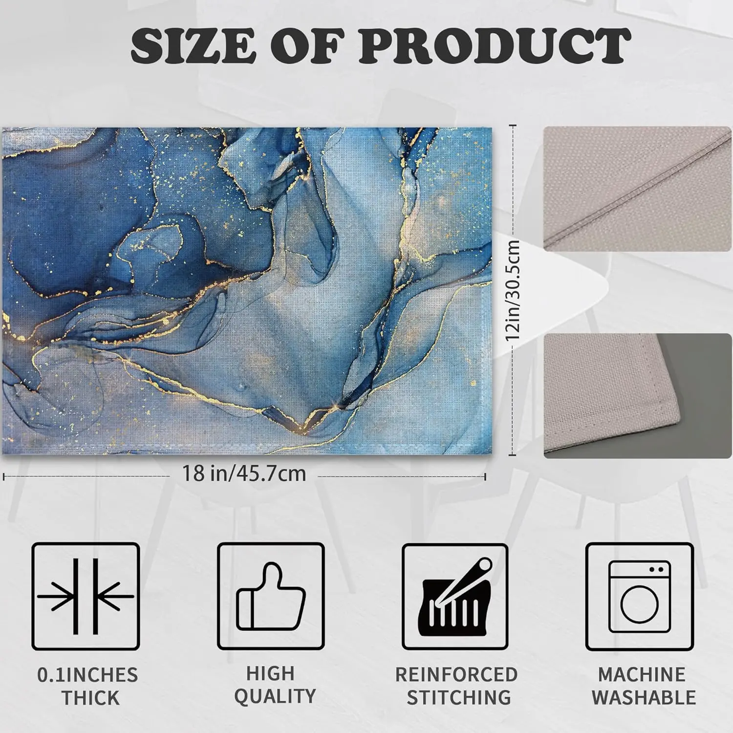Blue Gold Marble Placemats Set Of 6,Abstract Heat Resistant Table Mats Washable Place Mats For Party Kitchen Farmhouse Home