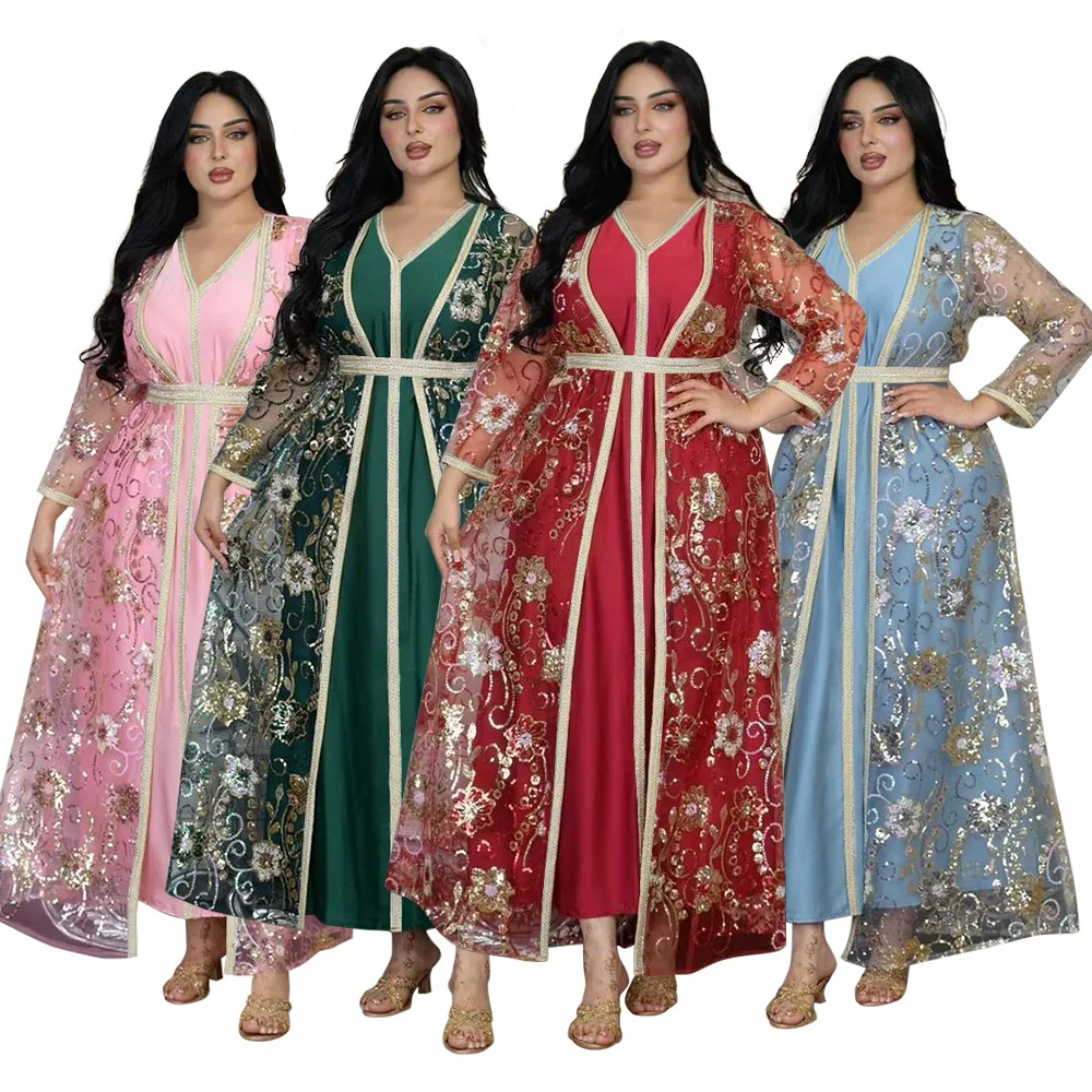 

Women Eid Muslim Dresses Print Ramadan Sequins Morocco Gorgeous Party Dress Kaftan Arab Vestidos Loose Fit Abayas Jalabiya