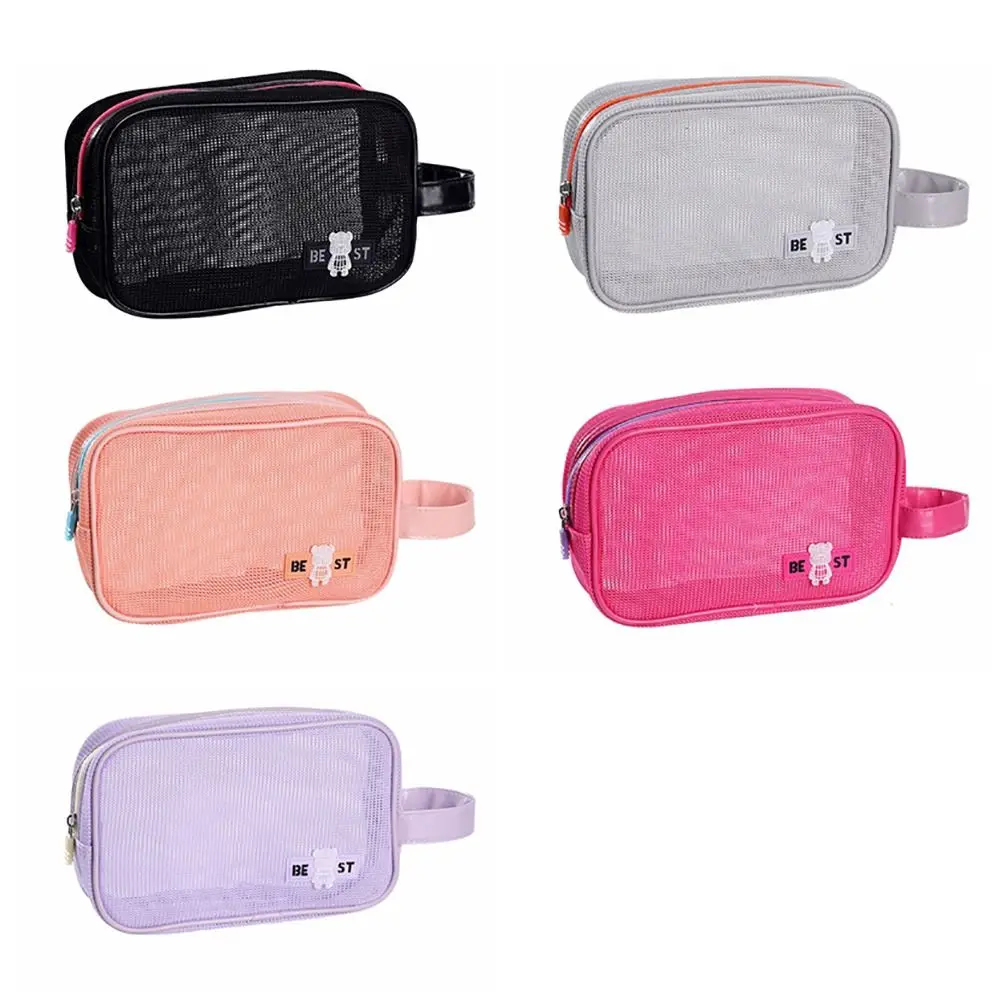 Durable Mesh Makeup Bag Large Capacity With Handle Cosmetic Bag Zipper Portable Travel Organizer