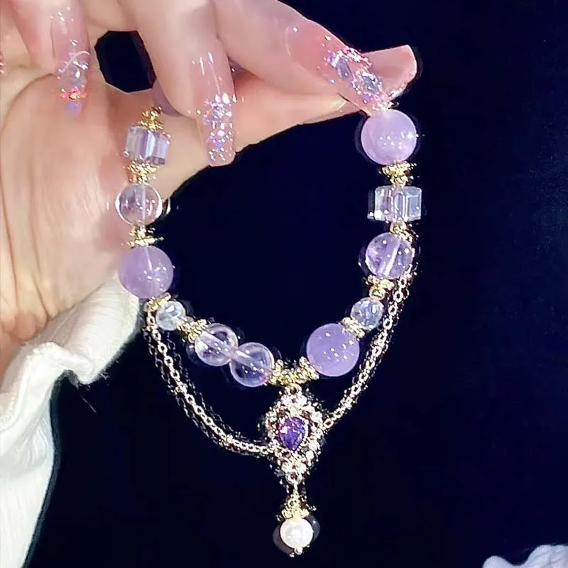 Light Luxury Purple Glass Crystal Beaded Bracelets for Women Chic Butterfly Tassel Pendant Bracelets Sweet Girl Wrist Jewelry