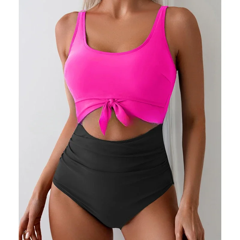 Patchwork Printing Swimwear Women Bandage Hollow Out High Waist One Piece Swimsuit 2025 New Vacation Beach Female Bathing Suit