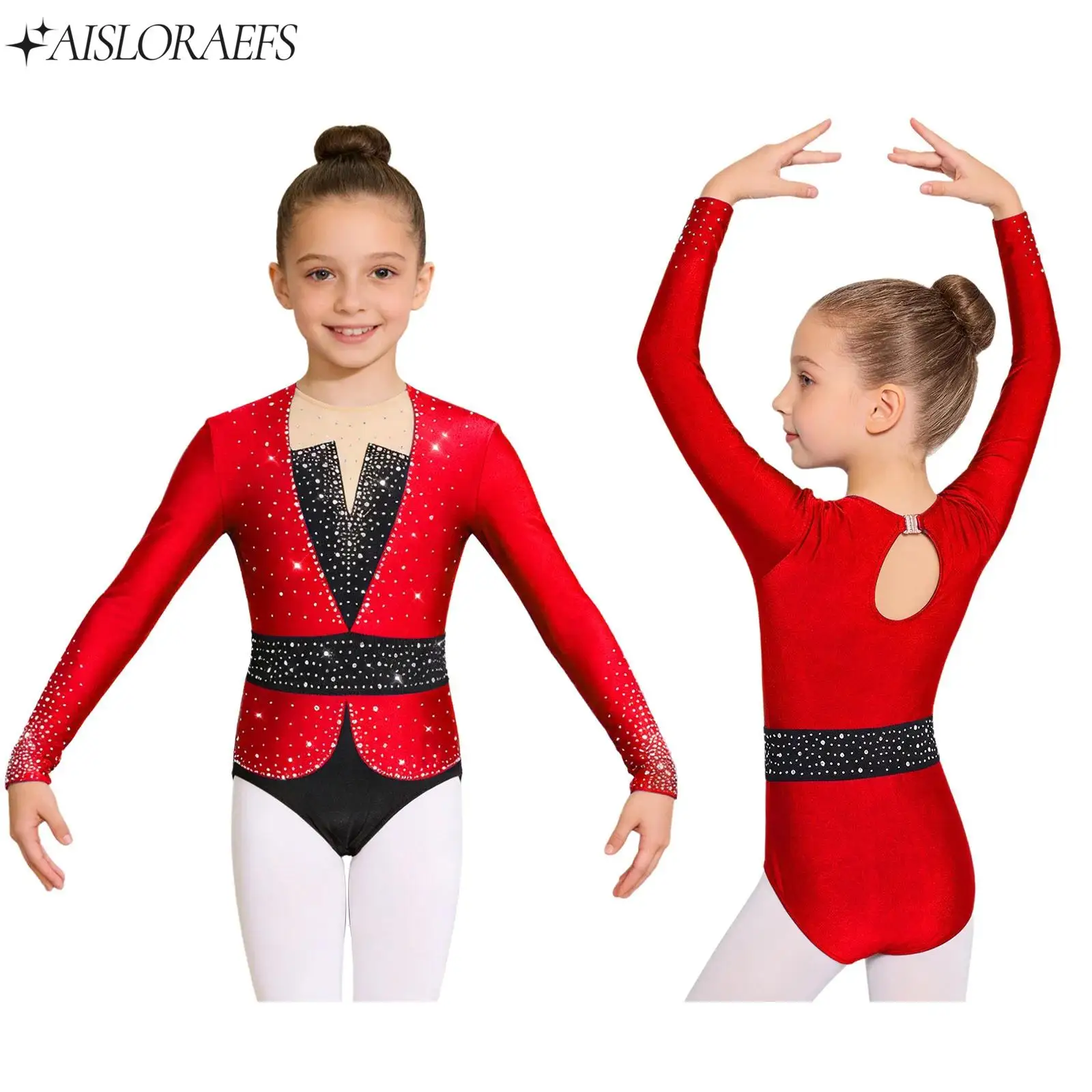 

Girls Shiny Rhinestones Rhythmic Gymnastics Costume Long Sleeve Ballet Dance Unitard Leotard Bodysuit Figure Ice Skating Clothes