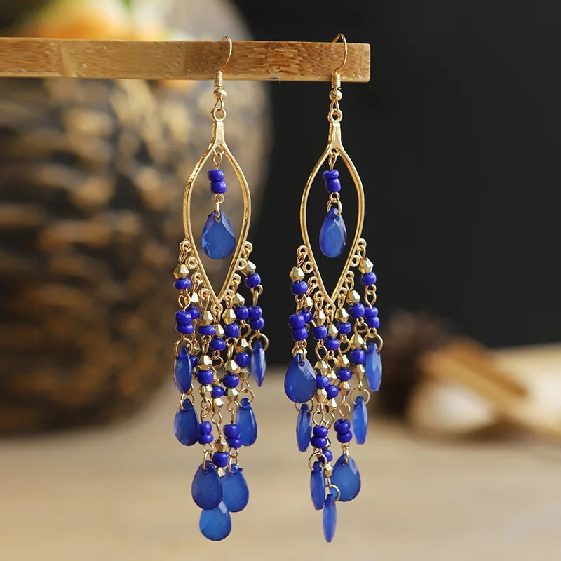 Boho-Ohrringe mit bunten, ethnischen Perlen für Damen, lange Ohrringe mit Kristallquasten, modischer Party-Schmuck für Mädchen – Detail 5