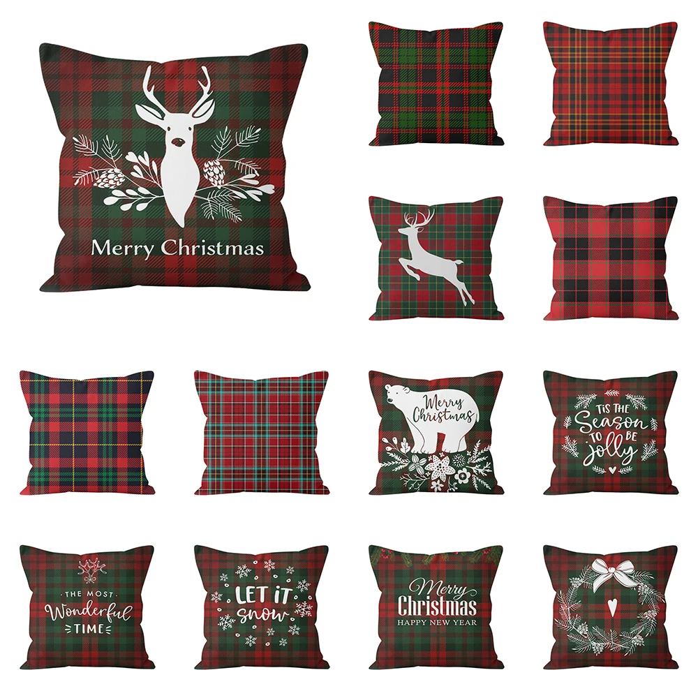 Home Decor Christmas Peach Plaid Print Pattern Polyester Cushion Cover Living Room Sofa Decorative Pillow  