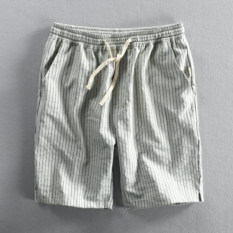 Summer Men Cotton Beach Shorts Pants Breathable Comfortable Striped Loose Drawstring Cropped Hawaiian Youth Man Shorts Pants