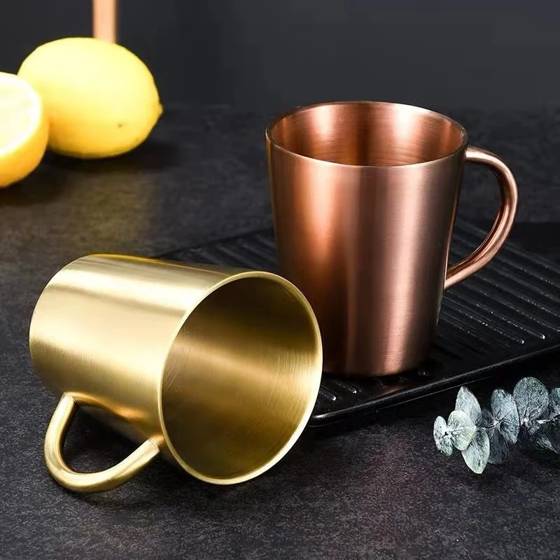 300ml Double-Layer Water Cup Home Dining Drinkware Mugs 304 Stainless Steel Beer Cup Gold Sliver Coffee Mugs With Handle