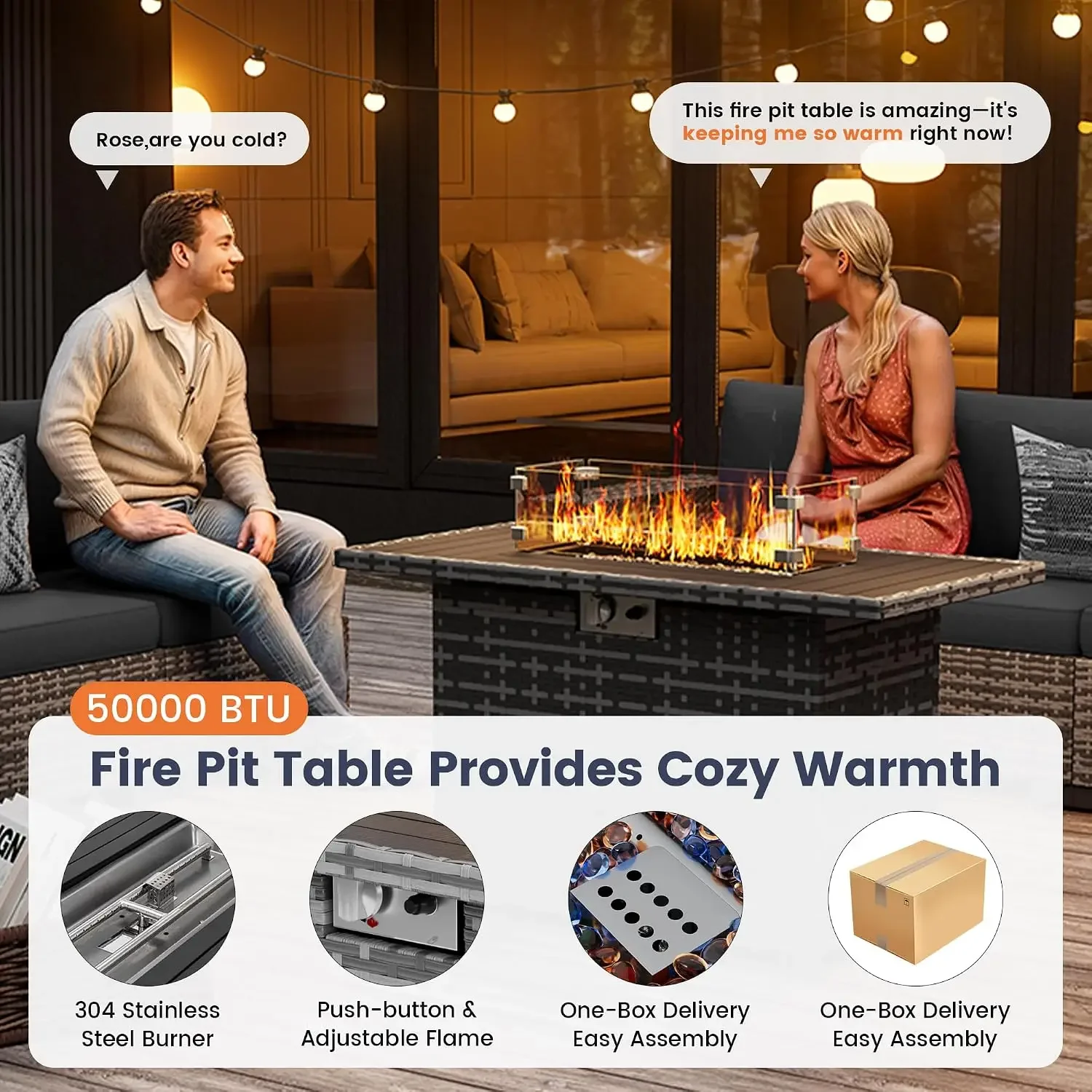 Grey Black 7 Piece Wicker Patio Sectional Sofa With Fire Pit Table Waterproof Cover Backyard Deck