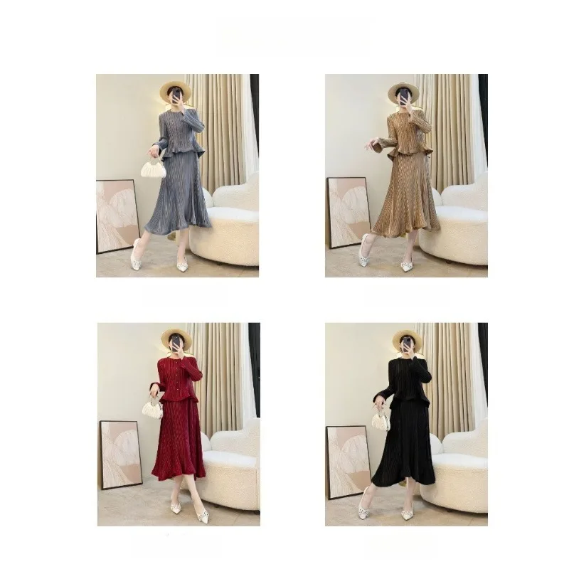 

Miyake Fold 2025 Spring/Summer Collection Fold New Product Round Neck Long Sleeve Lace Top Versatile Design Lace Half Skirt