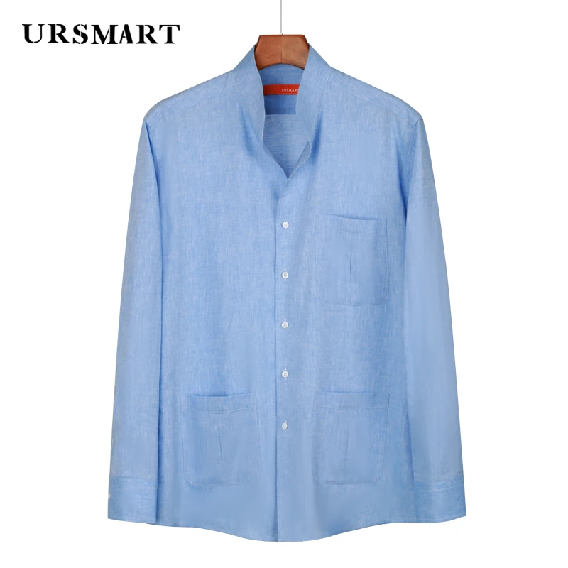 Premium Minimalist Men's Blue Linen Shirt - Long Sleeves Custom Business Casual Design Breathable and Stylish