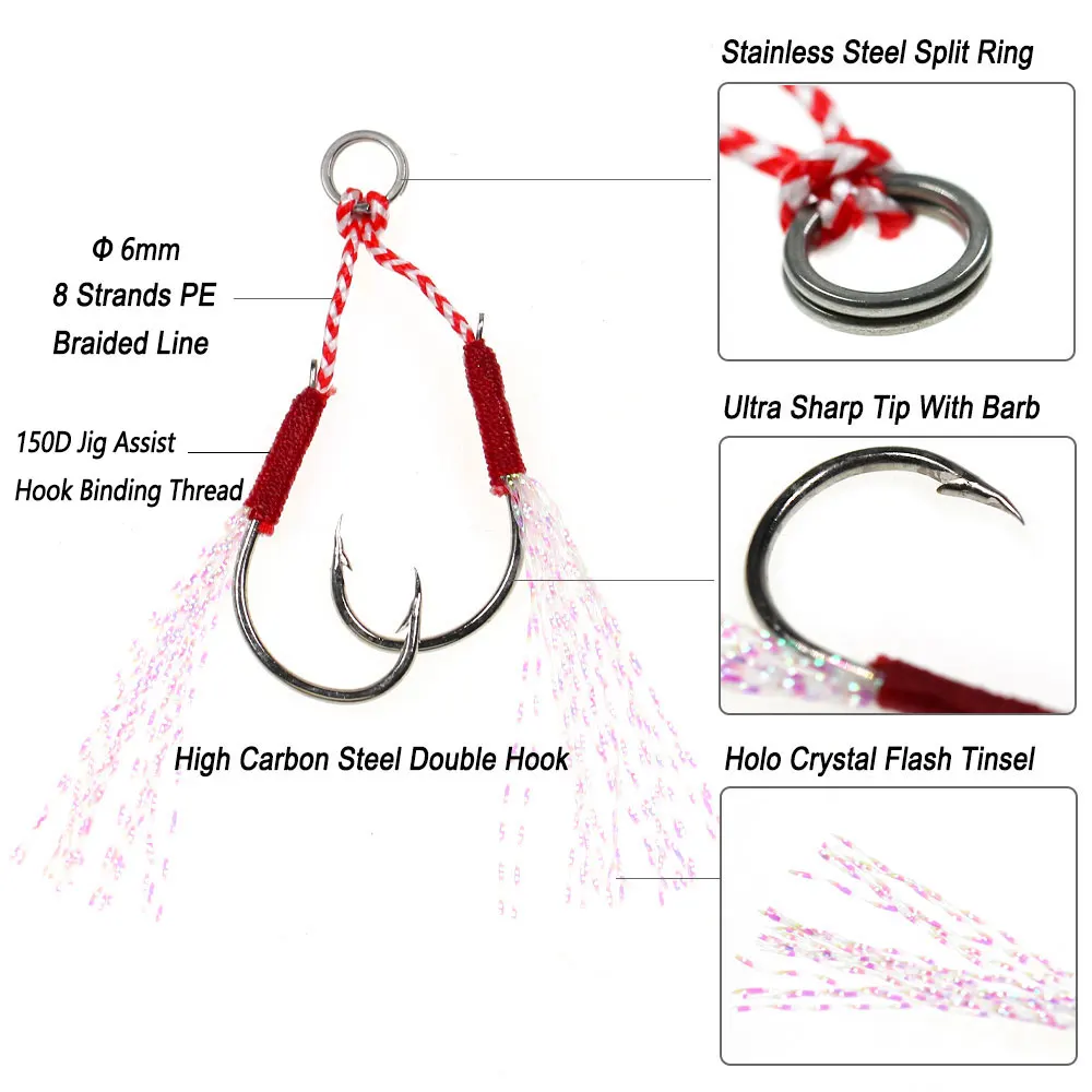 Bimoo 20 Pairs Slowly Jigging Double Barbed Assist Hooks High Carbon Steel Pesca Metal Jig Assist Hooks Sea Fishing Lure Tackle