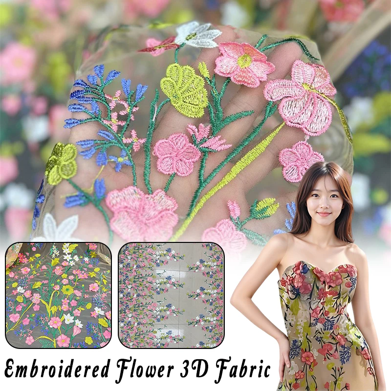 

1yard Flowers Pattern Embroidery Applique Lace Fabric Plant Flower Embroidered Mesh Fabric for Dress Gown Clothing DIY Sewing