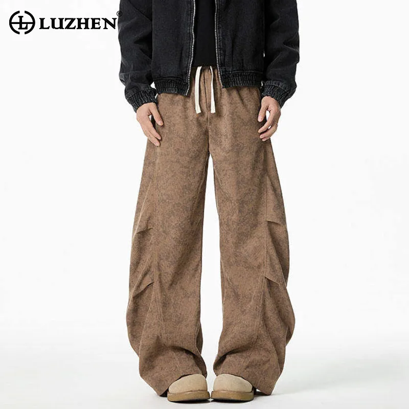 

LUZHEN Fashion Camouflage Printed Pleated Wide Leg Casual Pants Men's 2025 New Drawstring Elastic Waist Straight Trousers JY3114
