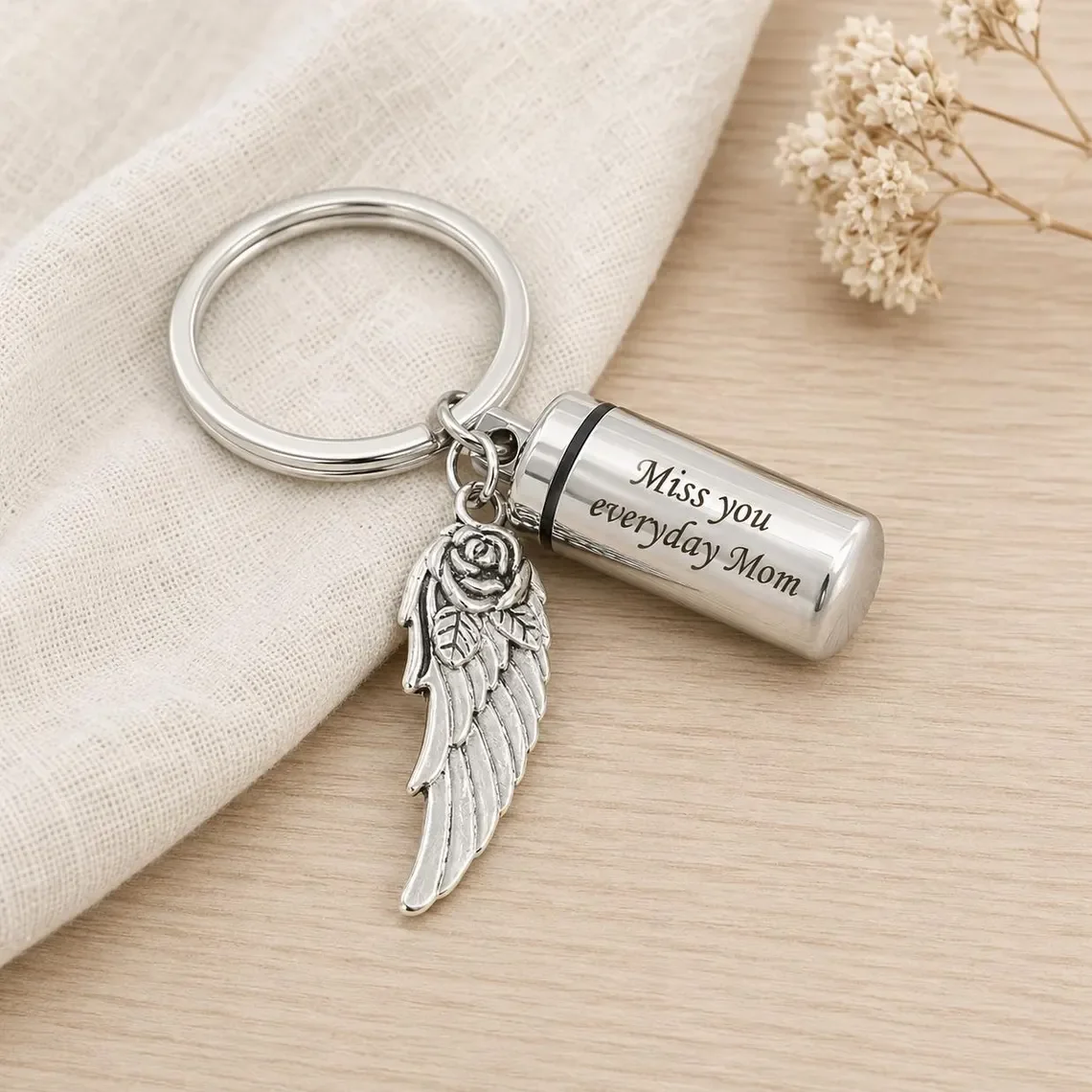 Custom Urn Keychain for Ashes/Hair with Angel Wing Engraved Memorial Cremation Keepsake for Pet Family Jewelry Gift