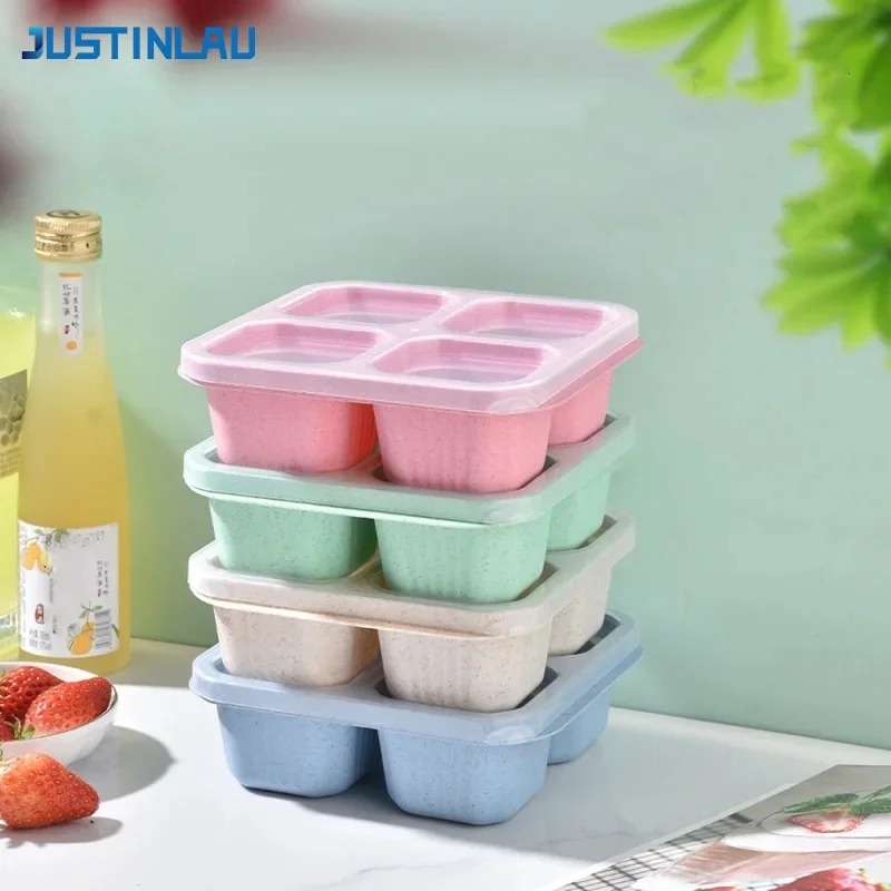 JUSTINLAU Divider Bento Box 4-grid Candy Snack and Pastry Food Container with Lid  Portable Wheat Straw Lunch Kitchen Supplies