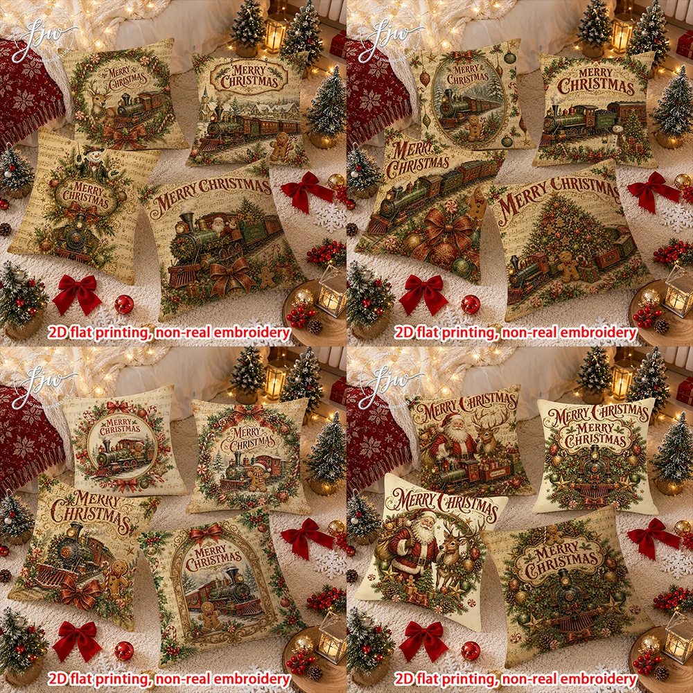 4pcs Christmas Vintage Train Throw Pillow Covers Set of 4 Retro Xmas Holiday Decorative Cushion Cases for Home Sofa Bed