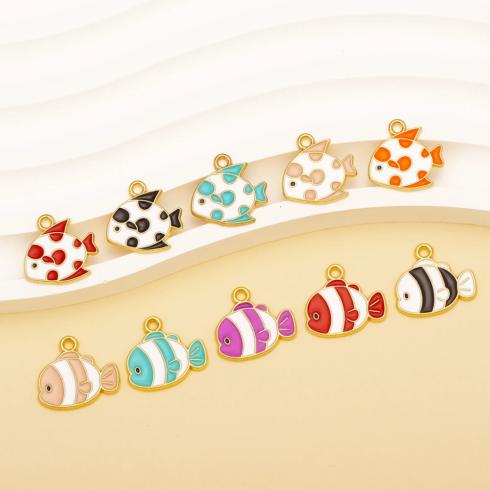 10Pcs 15x14mm Random Colors Mix Enamel Fish Charms Alloy Ocean Animal Pendants For DIY Jewelry Making Cute Earings Bracelet