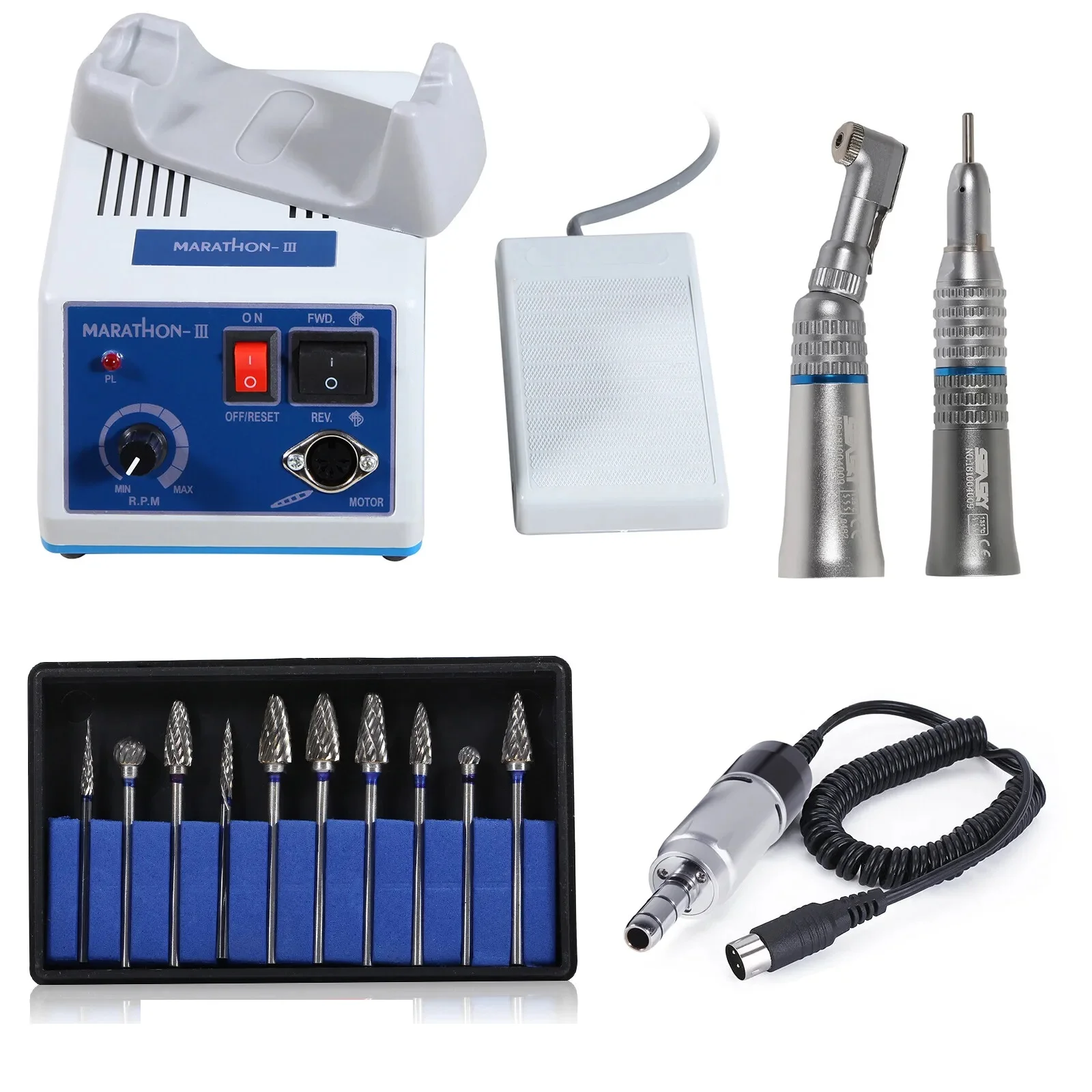 Dental Lab Marathon Micromotor N3 Electric Motor 35K RPM Straight Handpiece/Contra Angle Polisher +10Burs