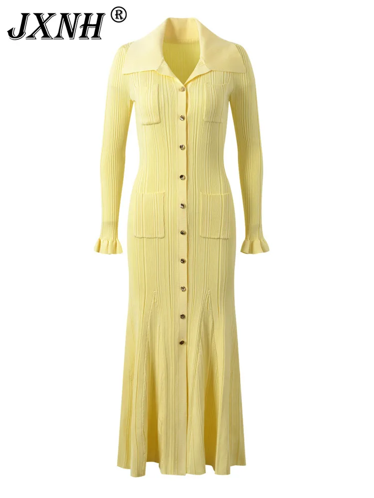 

2024 Spring Elegant Style Women Knit Long Sleeve Single-breasted Turn-down Collar Ladies Fashion Maxi Long Solid Dresses