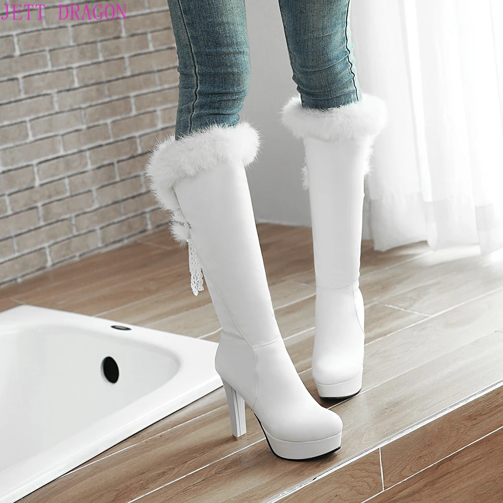 New Fashion Fur Knee High Boots Women\'s Round Toe Winter Boots High Heel Long Boot Keep Warm Shoes Women Stilettos Bottes White