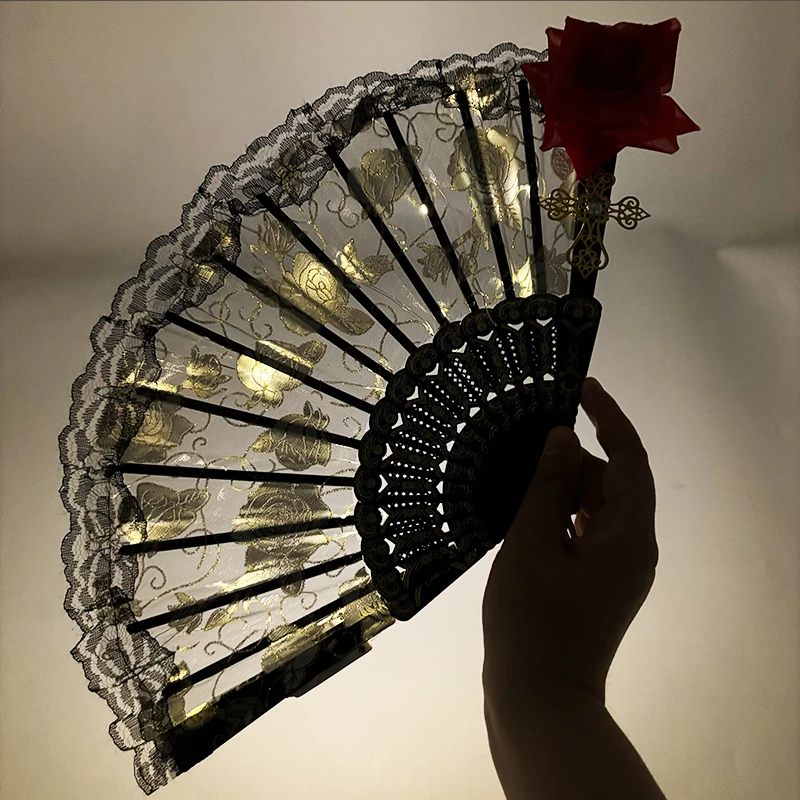 Leuchtende Spitze Rose Fan beleuchtet im Dunkeln Nacht Party Luminou LED Fan für Mädchen Damen Frauen tanzen Musik Leistung – Detail 9