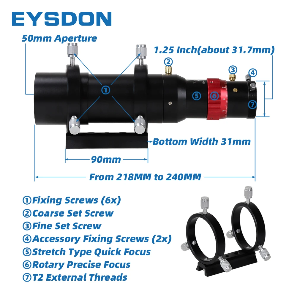 EYSDON 50mm Telescope Guide Scope 180mm Focal Length Fully Coated Finder Eyepiece with 1.25